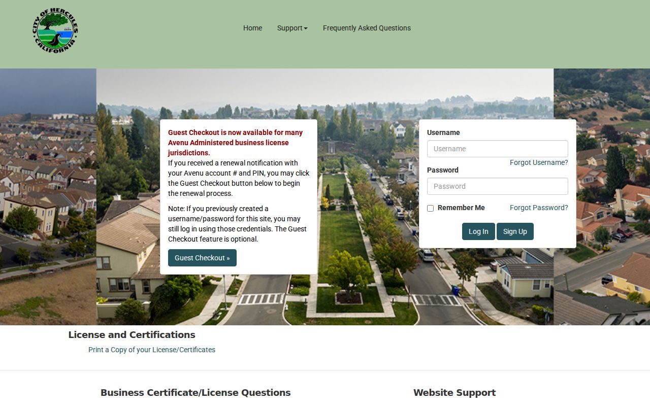 Hercules street directory Hercules business license application portal